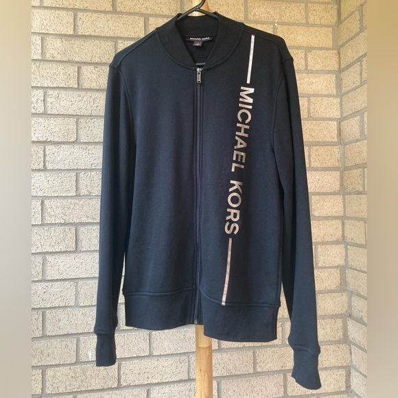 Michael Kors Black Super Soft Fleece Lined Men’s Zip Up Logo Stripe Sweatshirt - Picture 3 of 11